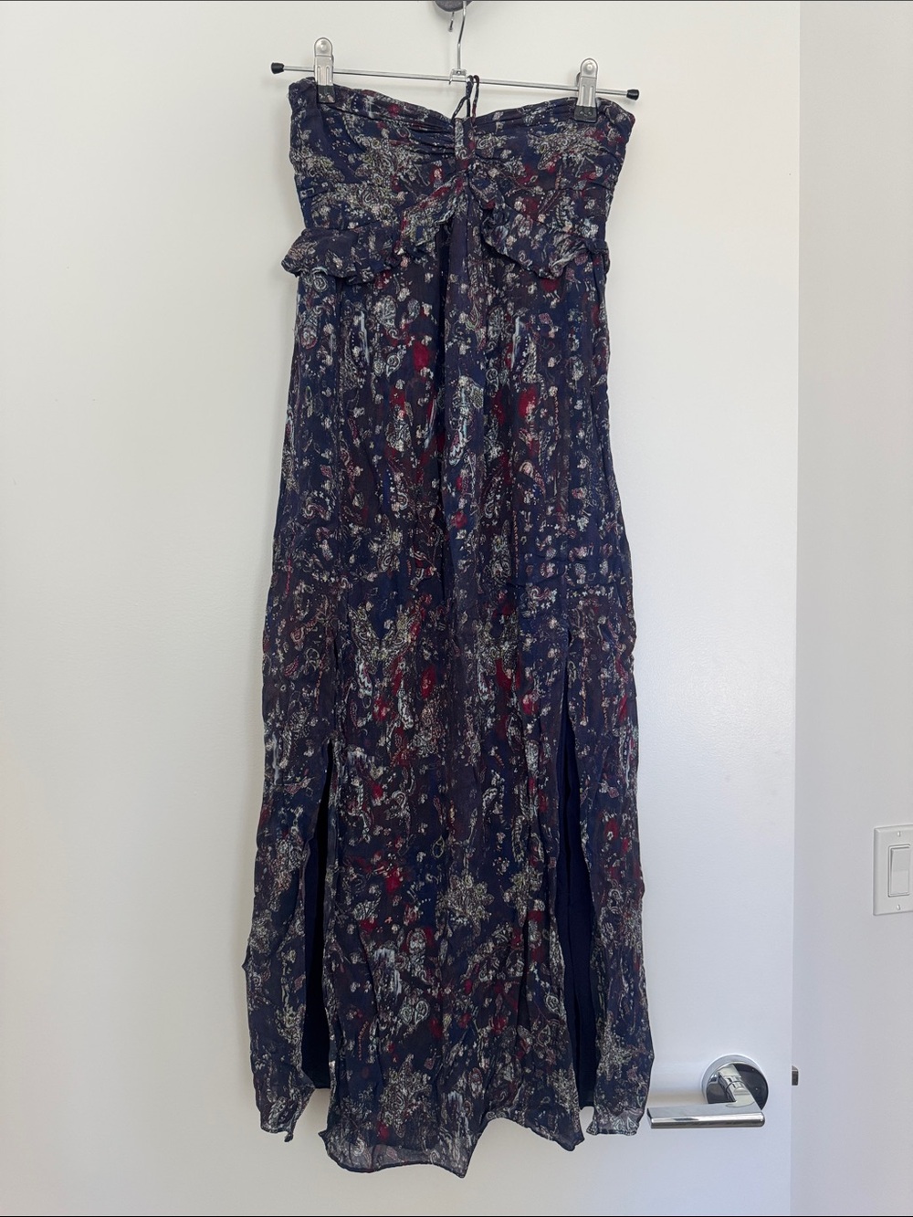 IRO Navy Floral Midi Dress with Red and Cream Accents